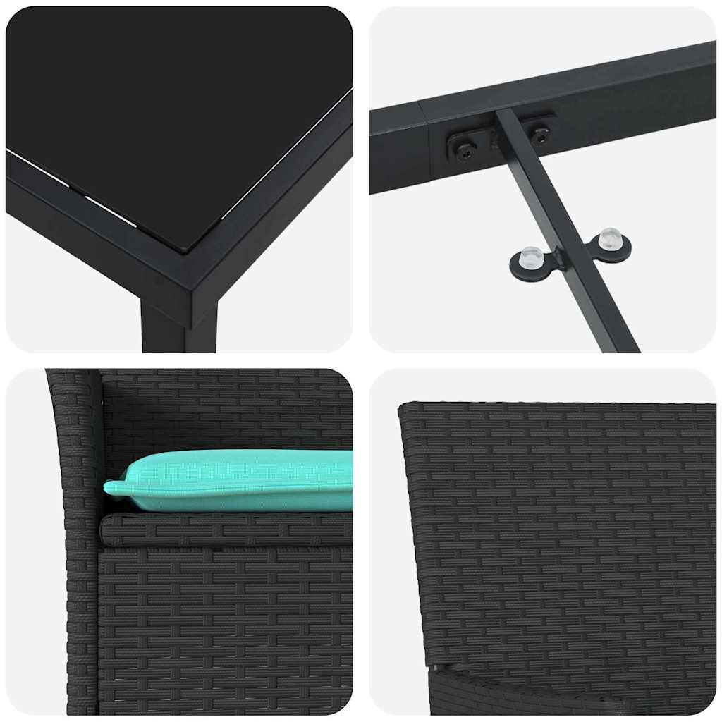 Bord- og stol sæt med pude 3 pcs Sort PE Rattan