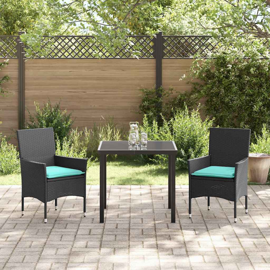 Bord- og stol sæt med pude 3 pcs Sort PE Rattan