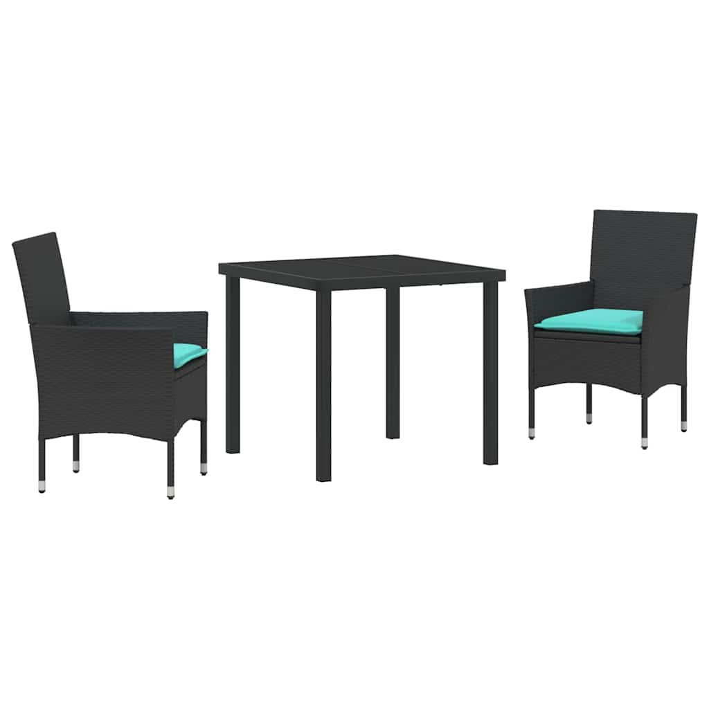Bord- og stol sæt med pude 3 pcs Sort PE Rattan