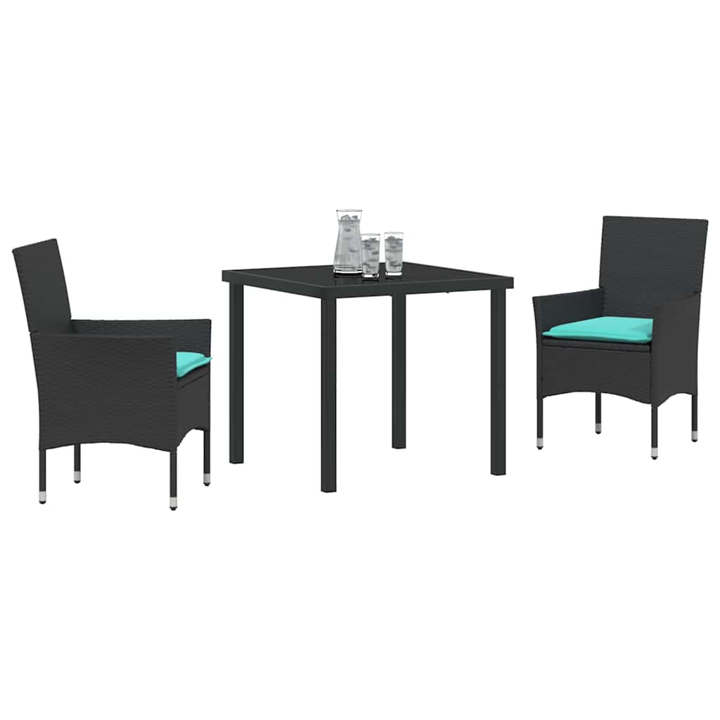 Bord- og stol sæt med pude 3 pcs Sort PE Rattan