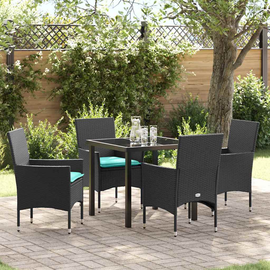 Bord- og stol sæt med pude 5 pcs Sort PE Rattan