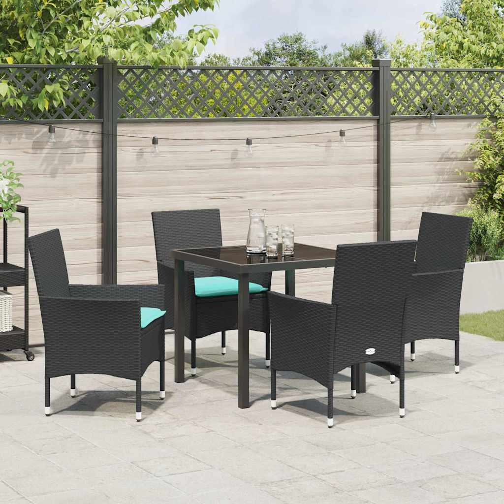 Bord- og stol sæt med pude 5 pcs Sort PE Rattan