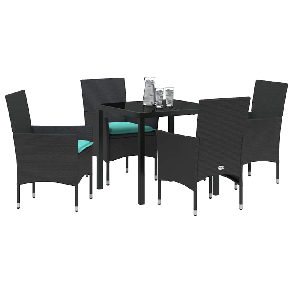 Bord- og stol sæt med pude 5 pcs Sort PE Rattan