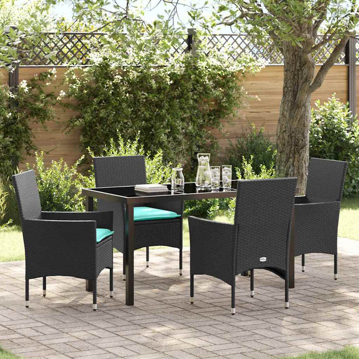 Bord- og stol sæt med pude 5 pcs Sort PE Rattan