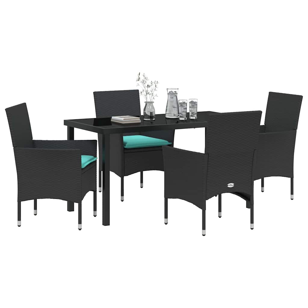 Bord- og stol sæt med pude 5 pcs Sort PE Rattan