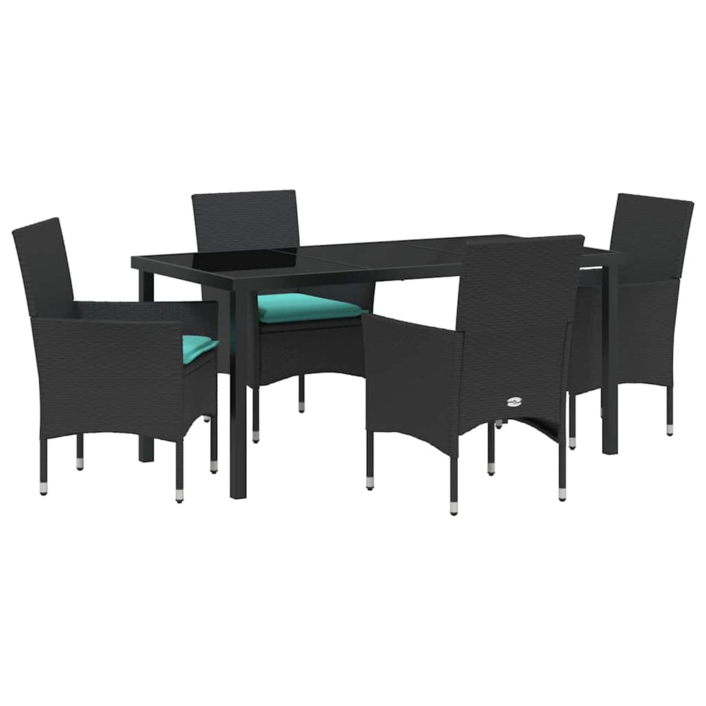 Bord- og stol sæt med pude 5 pcs Sort PE Rattan