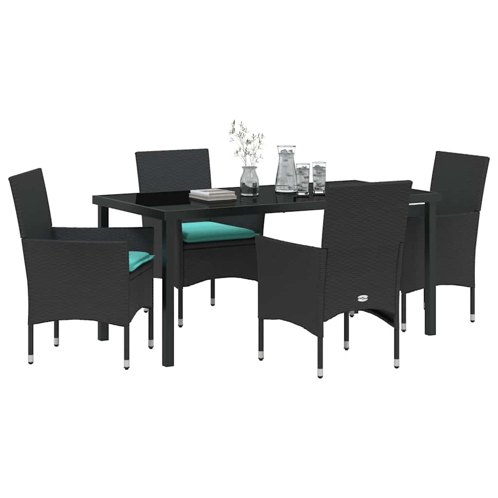 Bord- og stol sæt med pude 5 pcs Sort PE Rattan