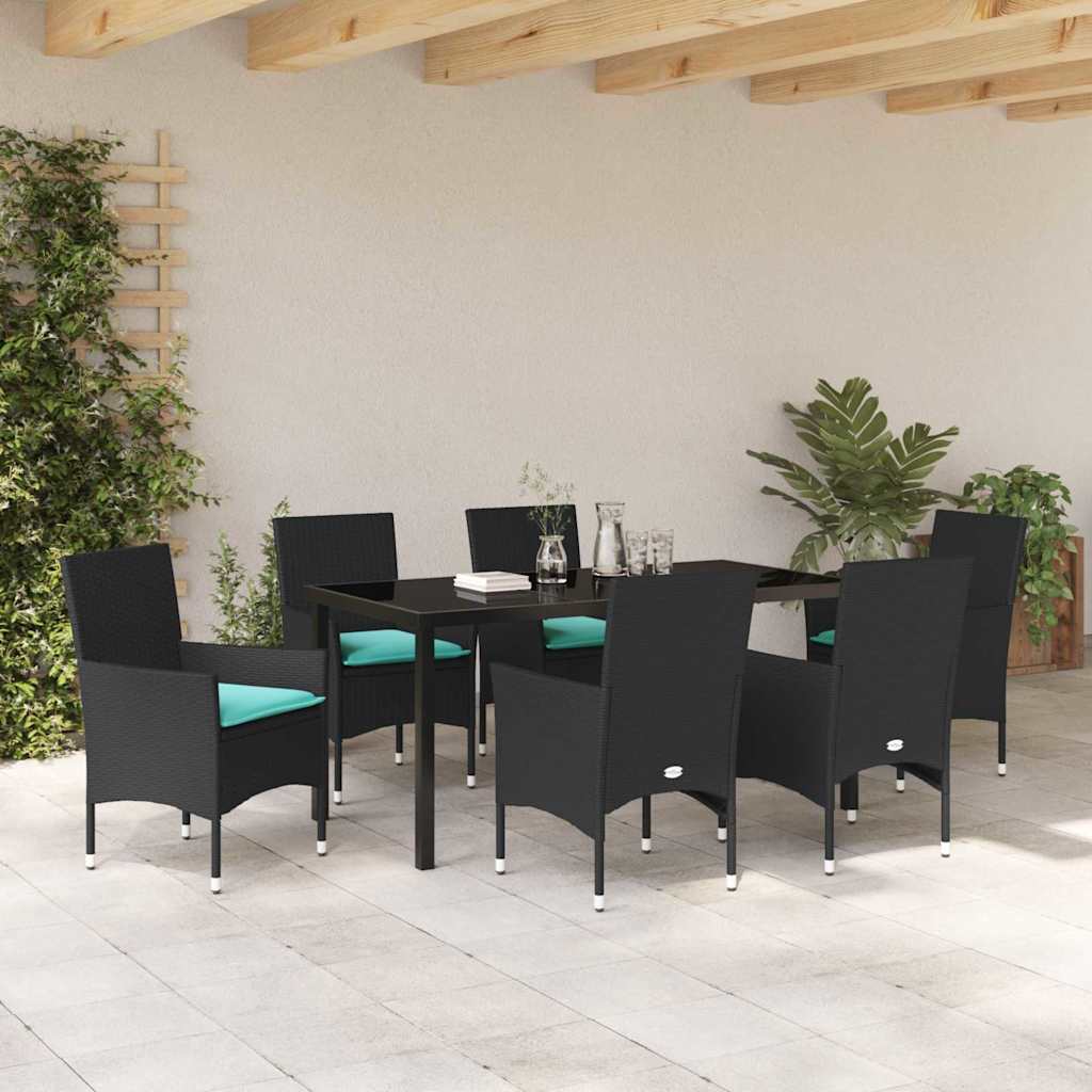 Bord- og stol sæt med pude 7 pcs Sort PE Rattan