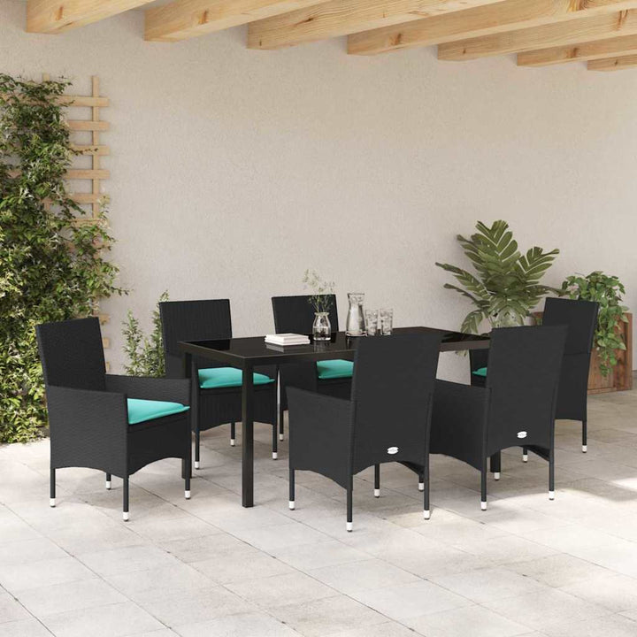 Bord- og stol sæt med pude 7 pcs Sort PE Rattan