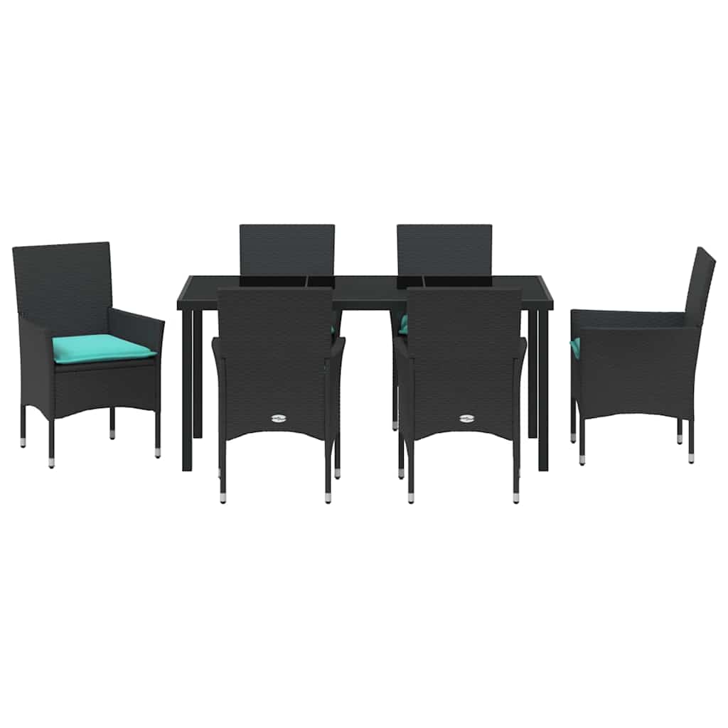 Bord- og stol sæt med pude 7 pcs Sort PE Rattan