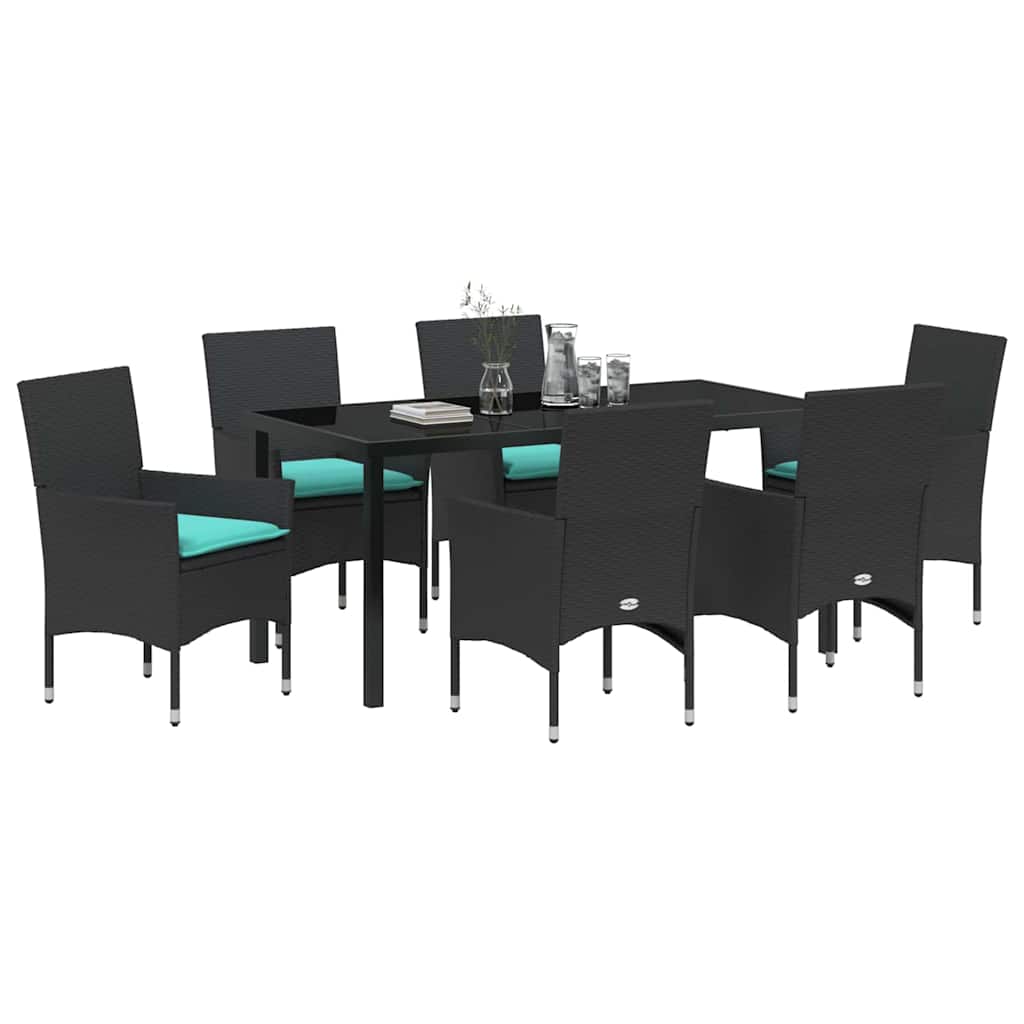 Bord- og stol sæt med pude 7 pcs Sort PE Rattan