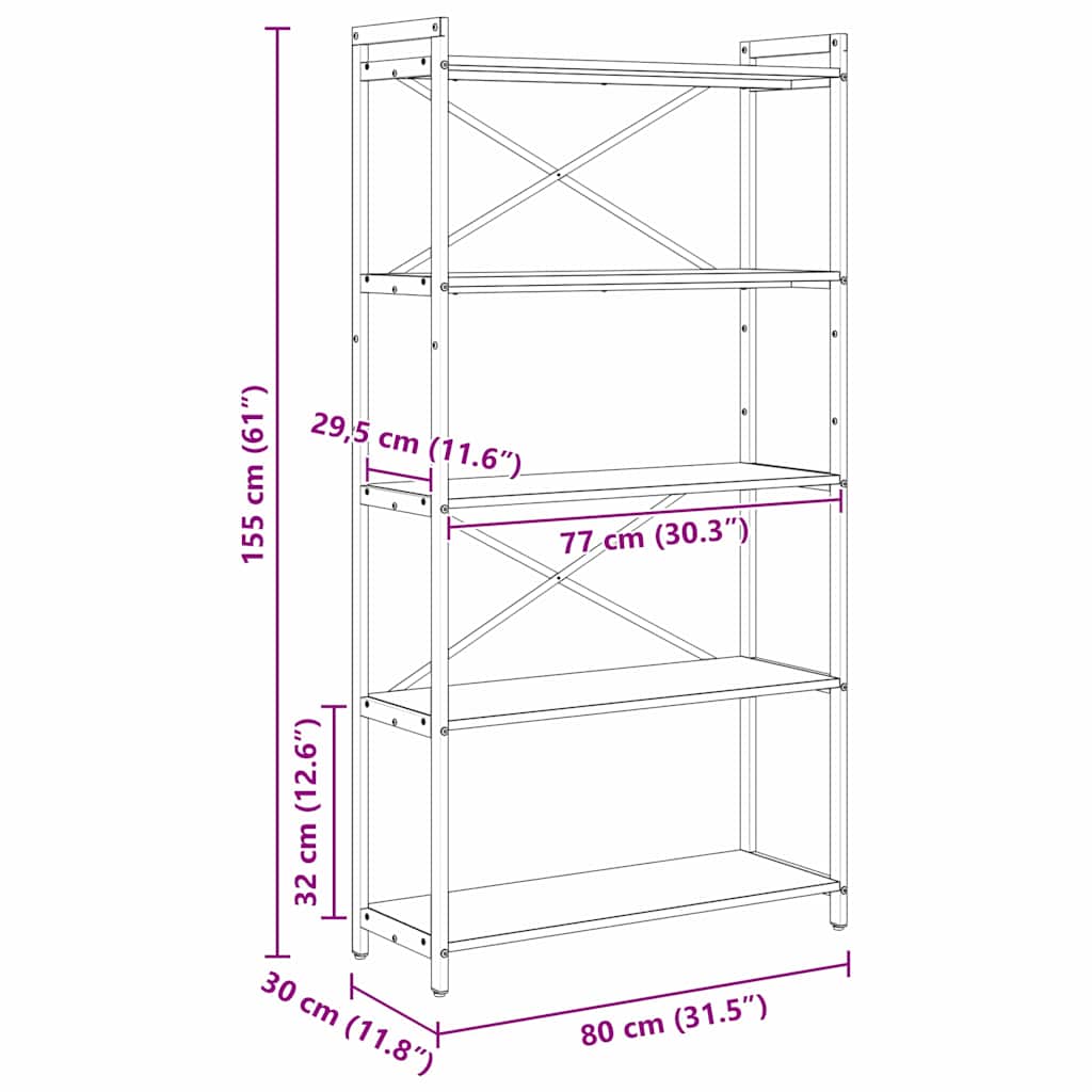 Bogreol Røget eg 80 x 30 x 155 cm Konstrueret træ