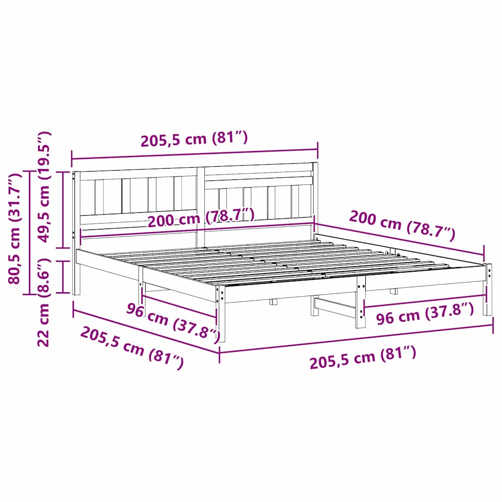 Sengestel med hovedgærde Hvid 200 x 200 cm Massiv fyrretræ