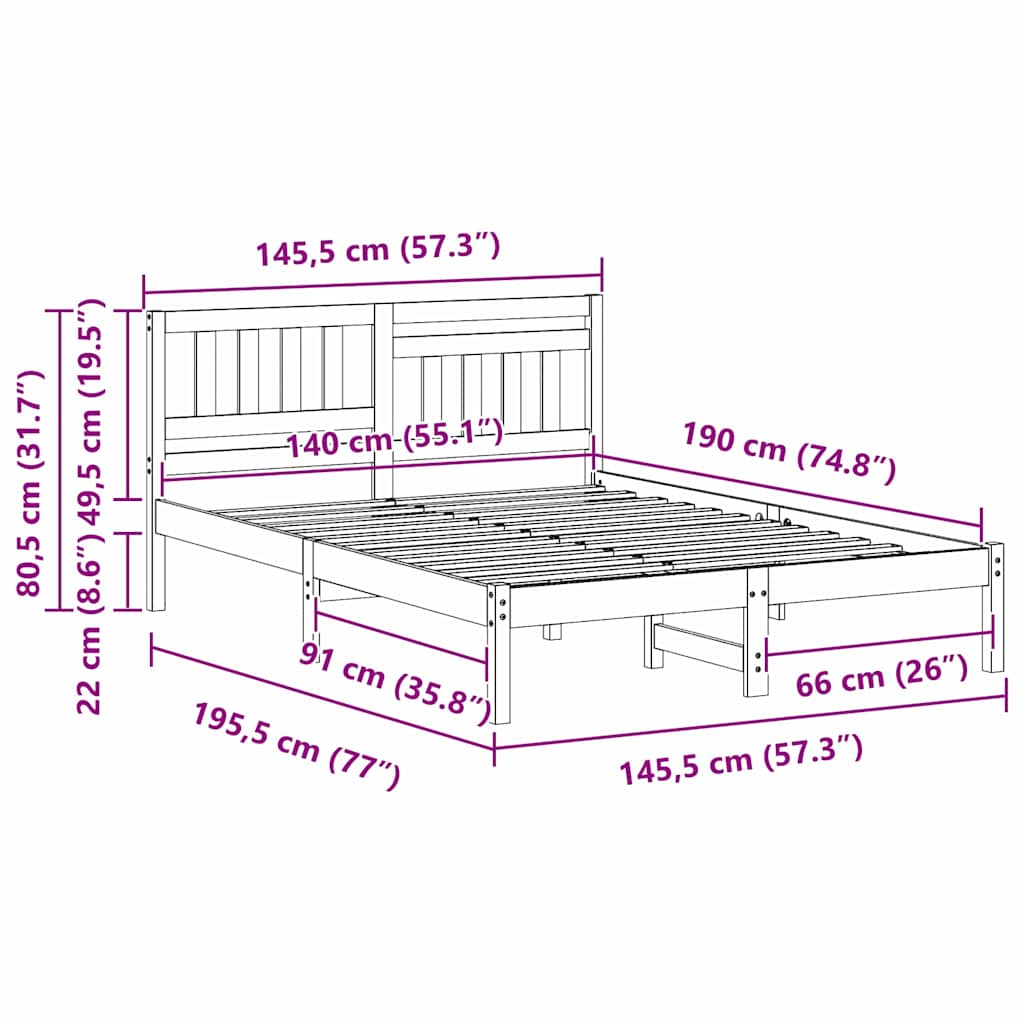 Sengestel med hovedgærde Hvid 140 x 190 cm Massiv fyrretræ