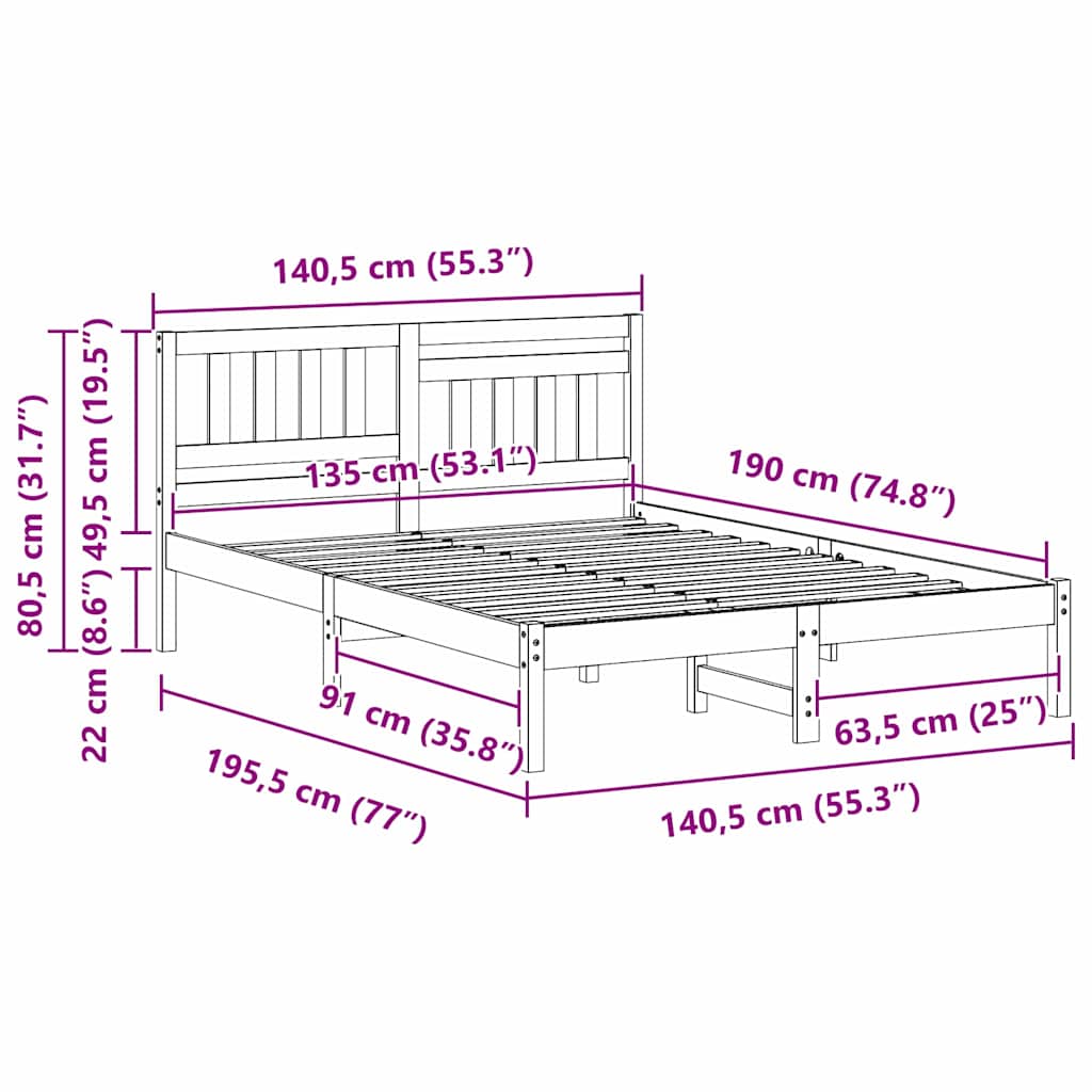 Sengestel med hovedgærde Hvid 135 x 190 cm Massiv fyrretræ