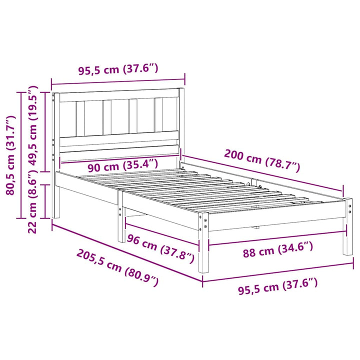 Sengestel med hovedgærde Brun 90 x 200 cm Massiv fyrretræ