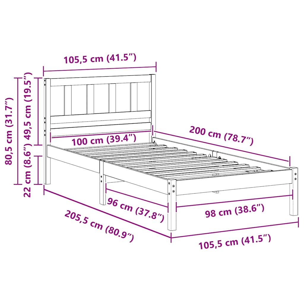 Sengestel med hovedgærde Brun 100 x 200 cm Massiv fyrretræ
