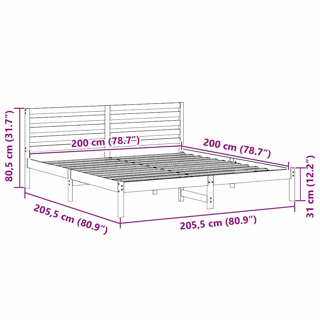 Sengestel med hovedgærde Hvid 200 x 200 cm Massiv fyrretræ