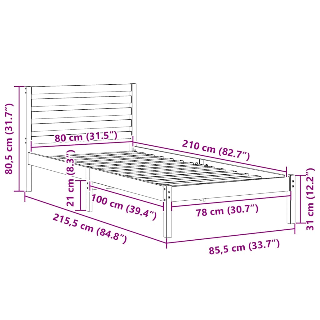 Sengestel med hovedgærde Brun 80 x 210 cm Massiv fyrretræ