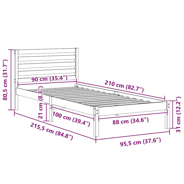 Sengestel med hovedgærde Brun 90 x 210 cm Massiv fyrretræ