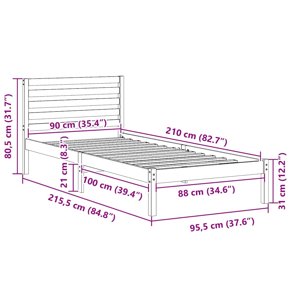 Sengestel med hovedgærde Voks brun 90 x 210 cm Massiv fyrretræ