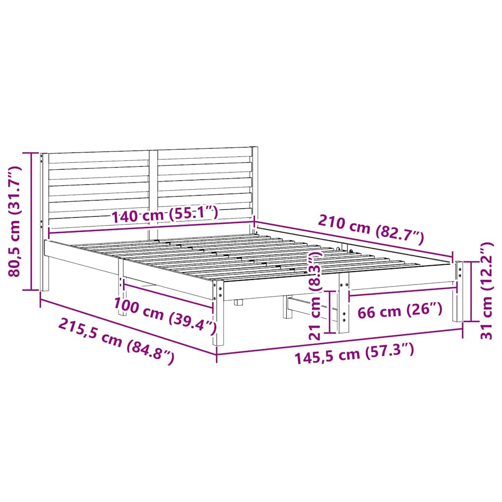 Sengestel med hovedgærde Hvid 140 x 210 cm Massiv fyrretræ