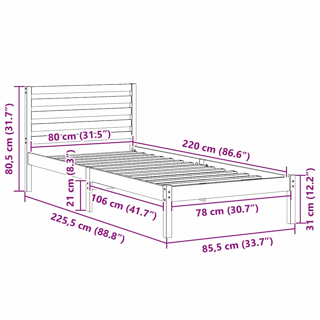 Sengestel med hovedgærde Brun 80 x 220 cm Massiv fyrretræ