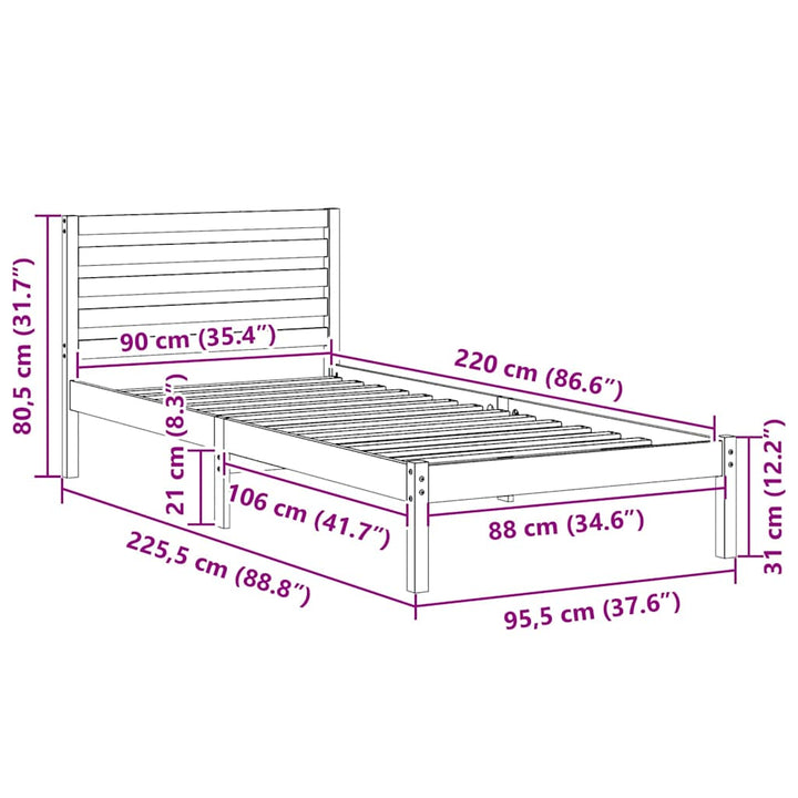 Sengestel med hovedgærde Hvid 90 x 220 cm Massiv fyrretræ