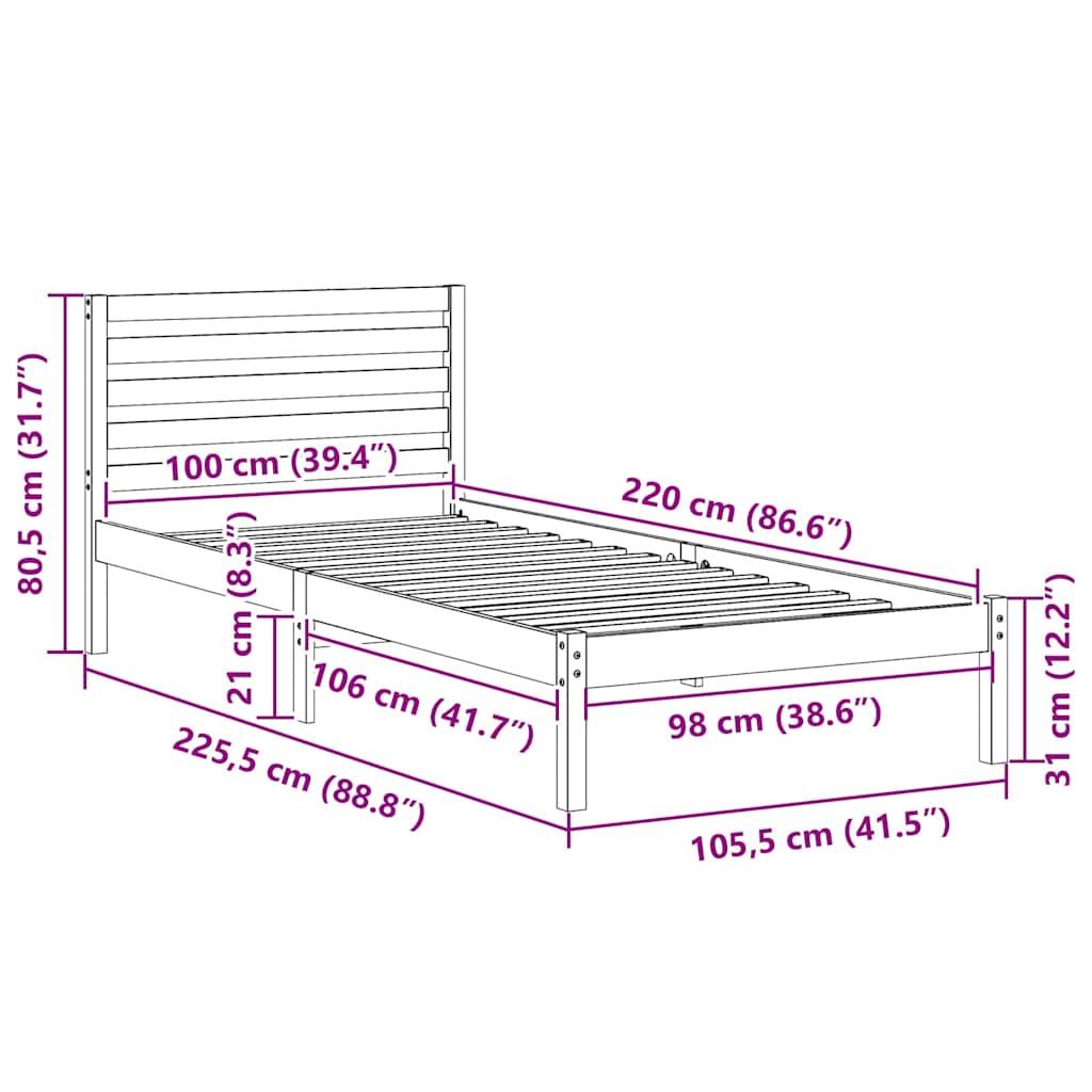 Sengestel med hovedgærde Hvid 100 x 220 cm Massiv fyrretræ