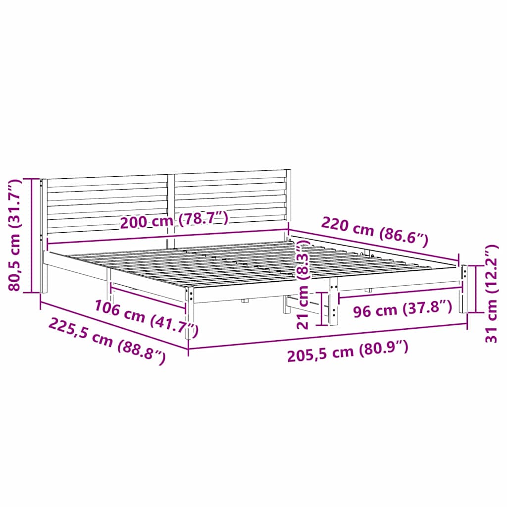 Sengestel med hovedgærde Hvid 200 x 220 cm Massiv fyrretræ