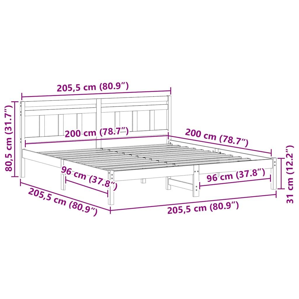 Sengestel Hvid 200 x 200 cm Massiv fyrretræ