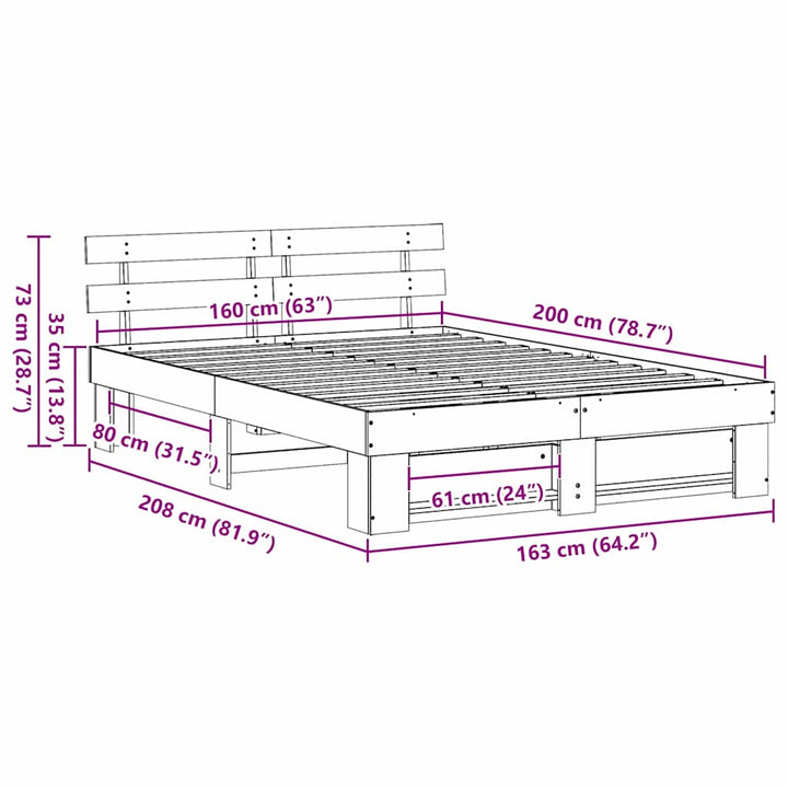 Sengestel med hovedgærde Hvid 160 x 200 cm Massiv fyrretræ