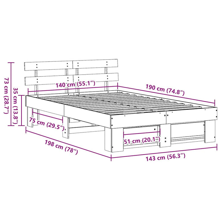 Sengestel med hovedgærde Brun 140 x 190 cm Massiv fyrretræ