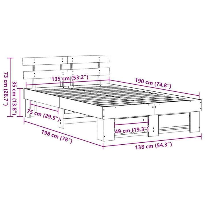 Sengestel med hovedgærde Voks brun 135 x 190 cm Massiv fyrretræ