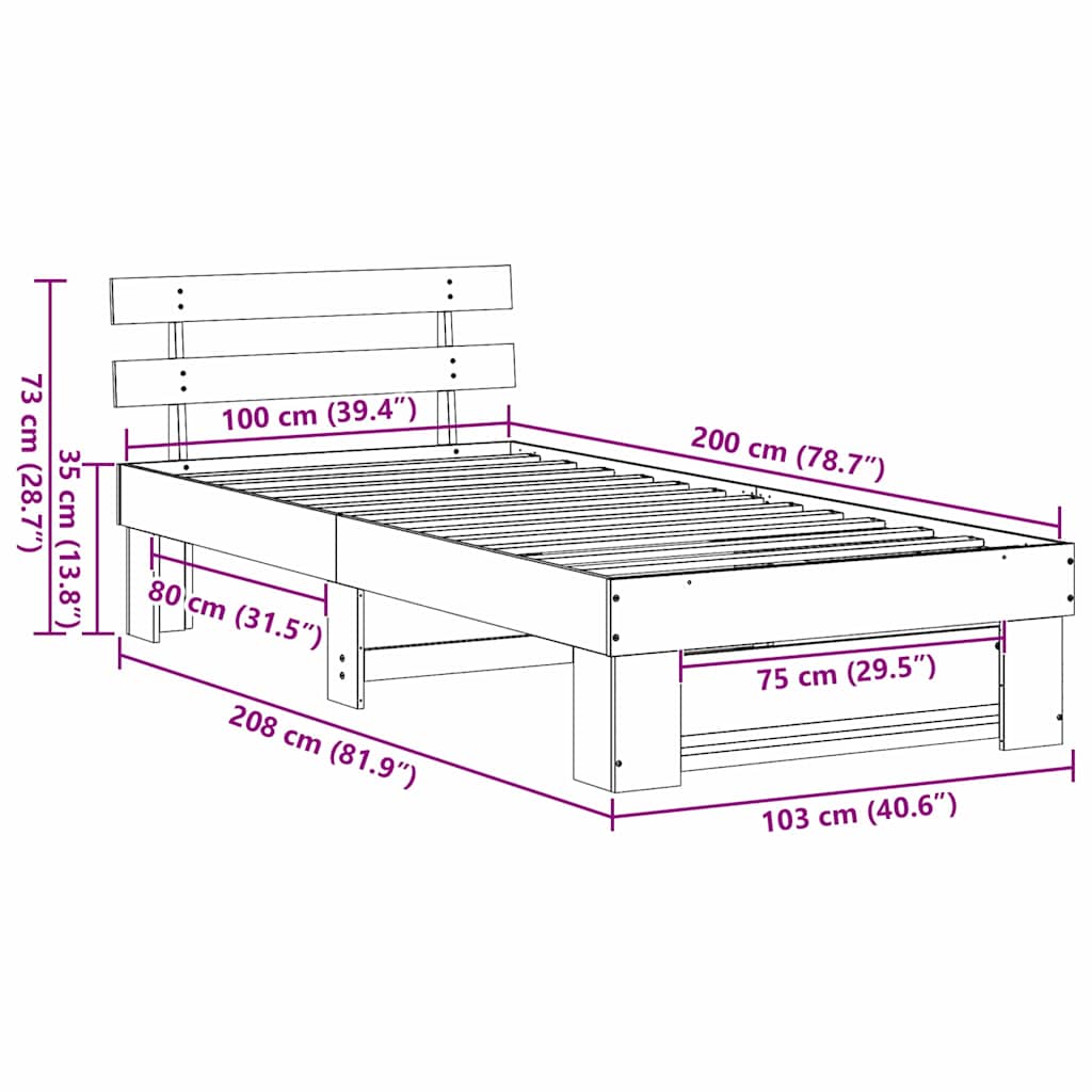 Sengestel med hovedgærde Hvid 100 x 200 cm Massiv fyrretræ