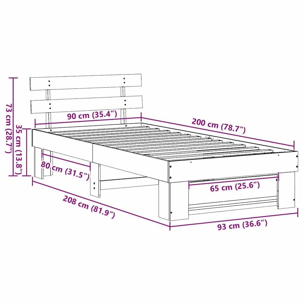 Sengestel med hovedgærde Hvid 90 x 200 cm Massiv fyrretræ
