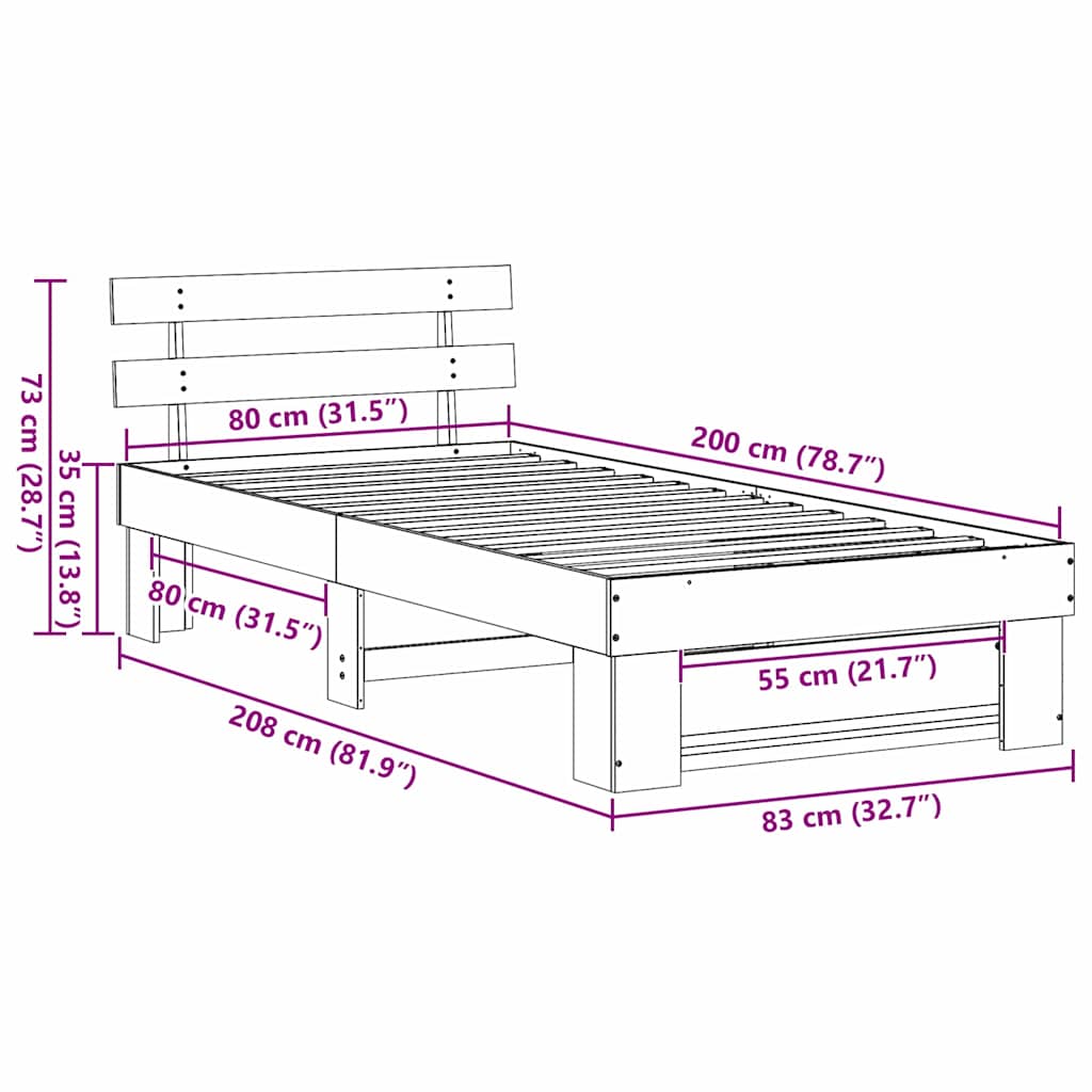 Sengestel med hovedgærde Voks brun 80 x 200 cm Massiv fyrretræ