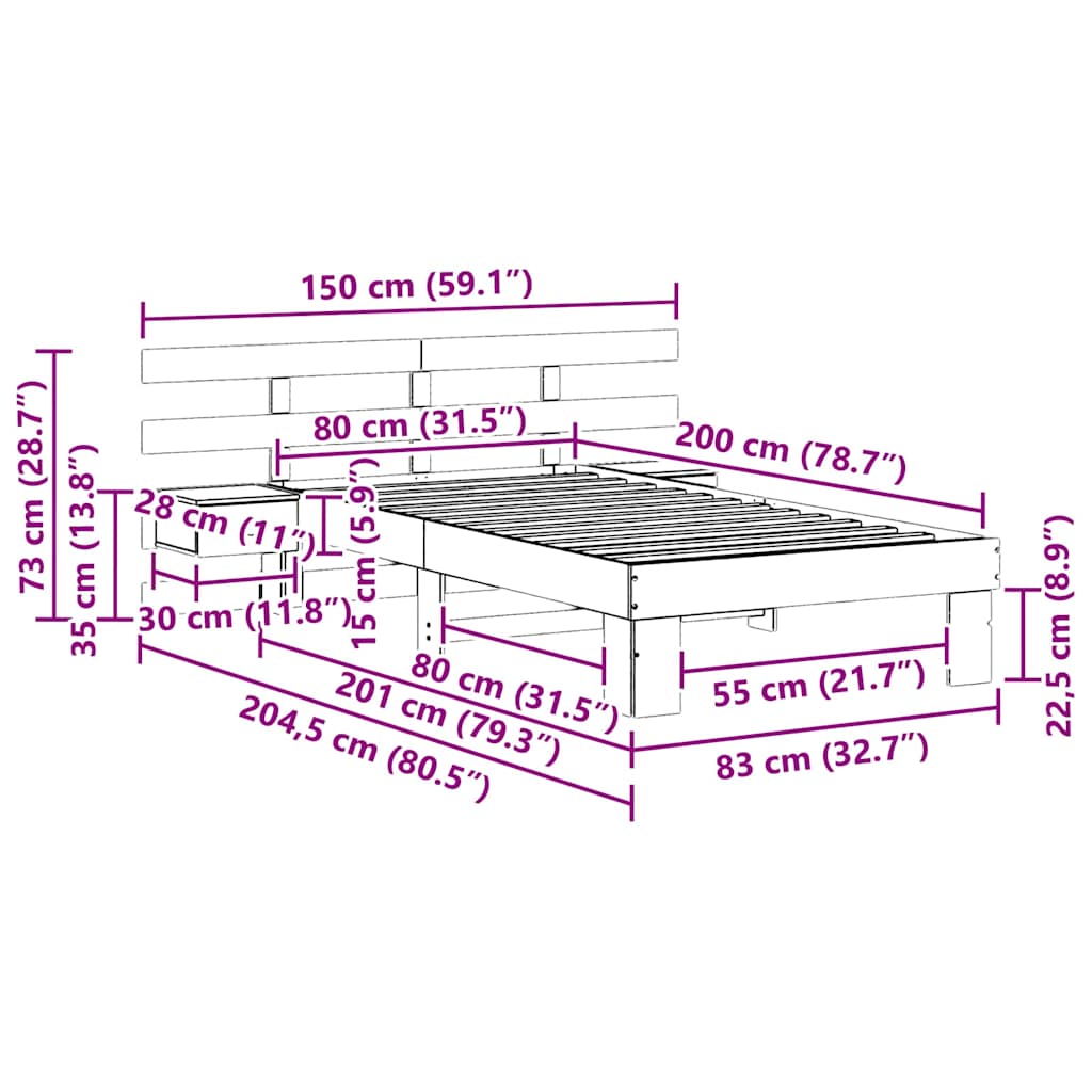 Sengestel med hovedgærde Hvid 80 x 200 cm Massiv fyrretræ
