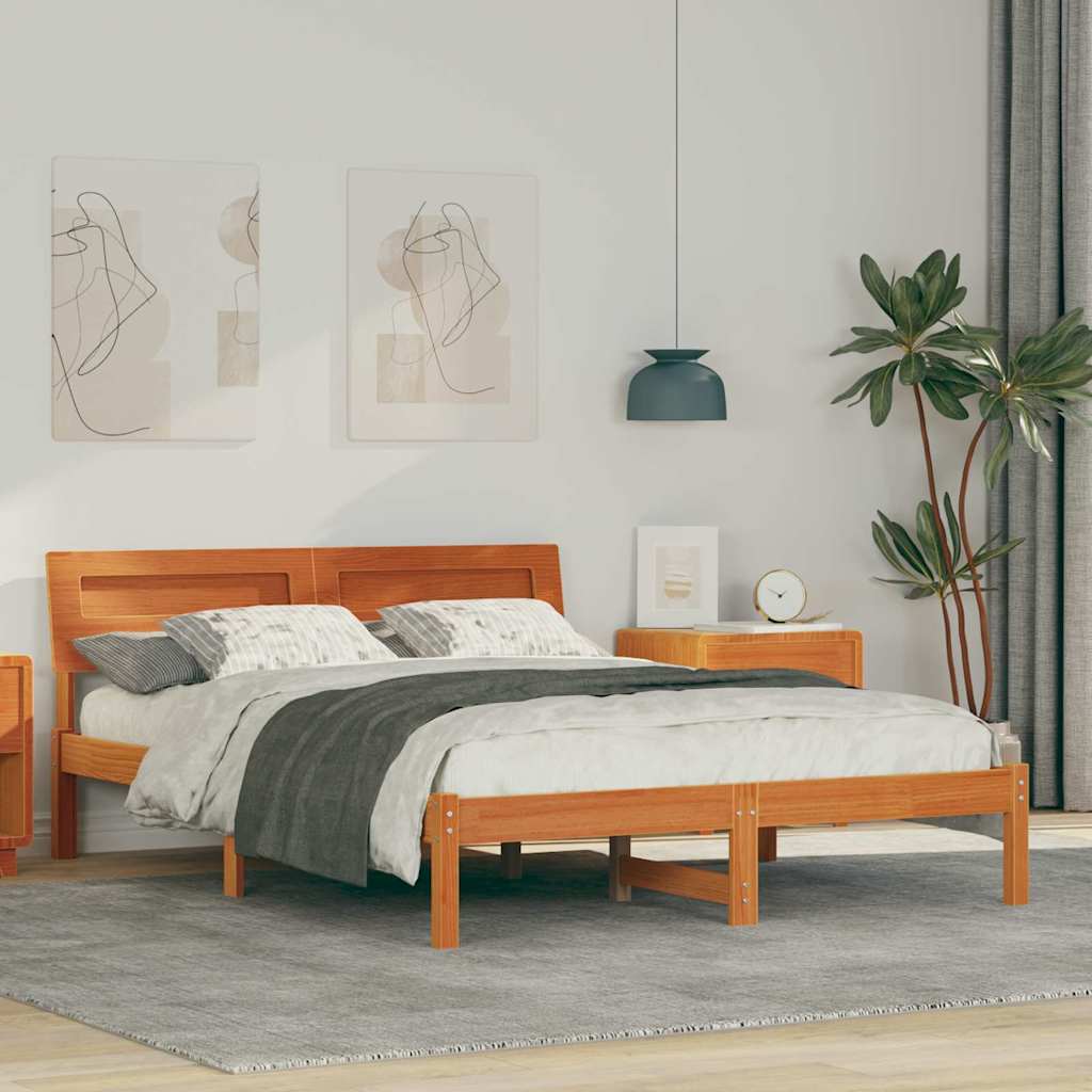 Sengestel med hovedgærde Voks brun 140 x 190 cm Massiv fyrretræ