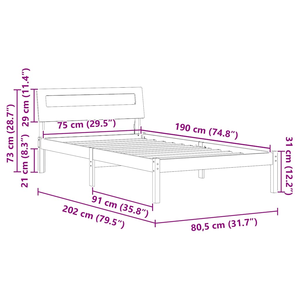 Sengestel med hovedgærde Hvid 75 x 190 cm Massiv fyrretræ
