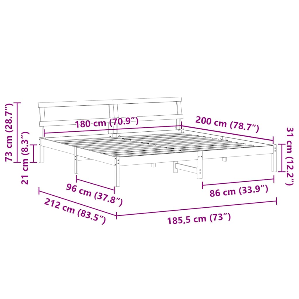 Sengestel med hovedgærde Hvid 180 x 200 cm Massiv fyrretræ
