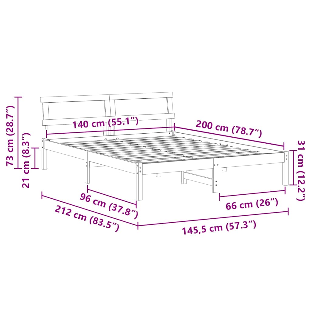 Sengestel med hovedgærde Hvid 140 x 200 cm Massiv fyrretræ