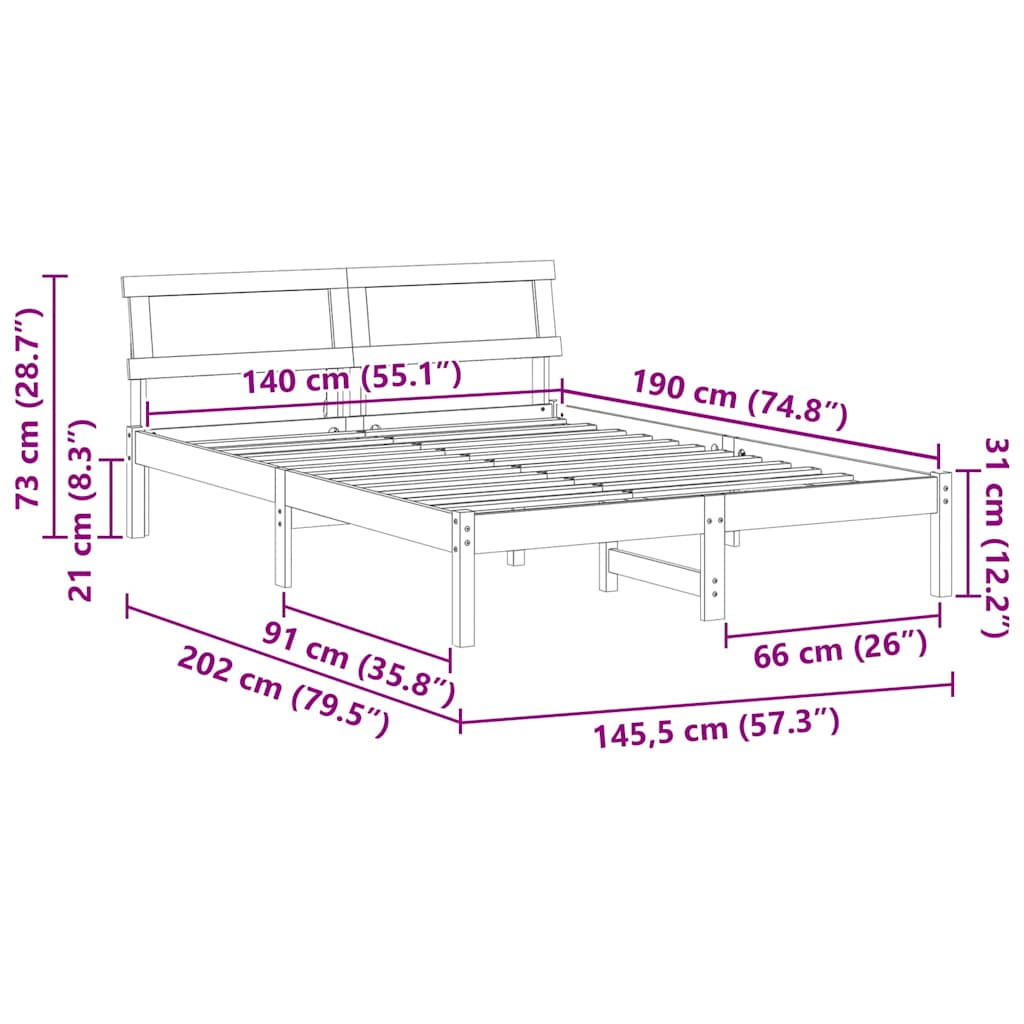 Sengestel med hovedgærde Hvid 140 x 190 cm Massivt fyrretræ