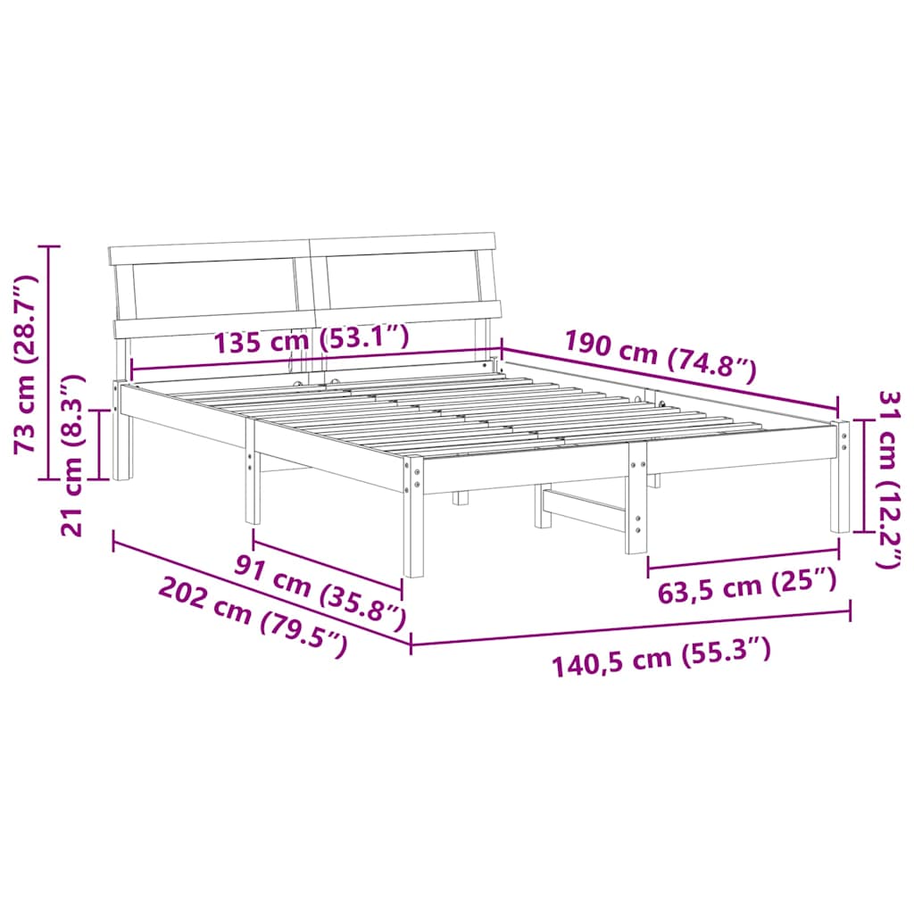 Sengestel med hovedgærde Brun 135 x 190 cm Massiv fyrretræ