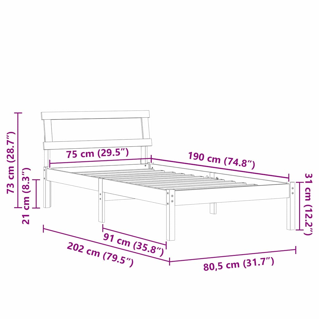 Sengestel med hovedgærde Brun 75 x 190 cm Massiv fyrretræ