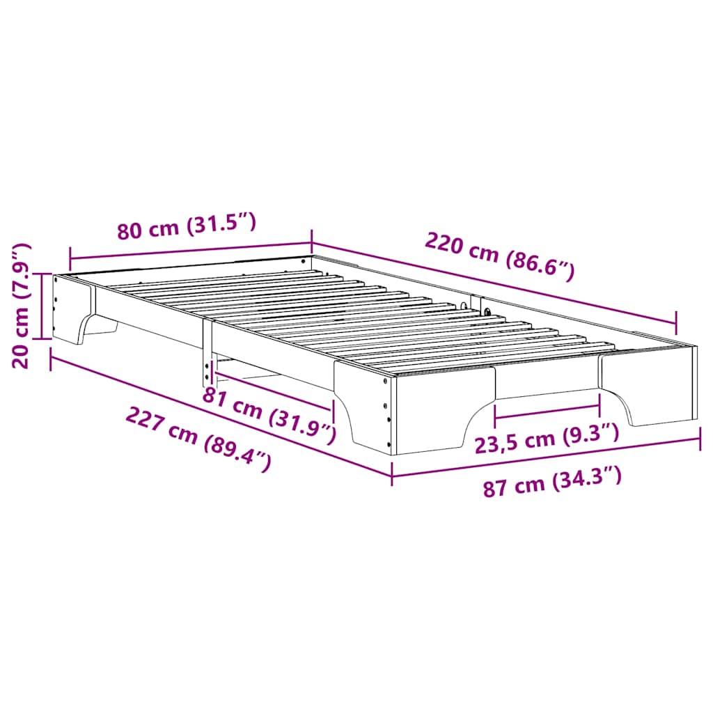 Sengestel Hvid 80 x 220 cm Massiv fyrretræ