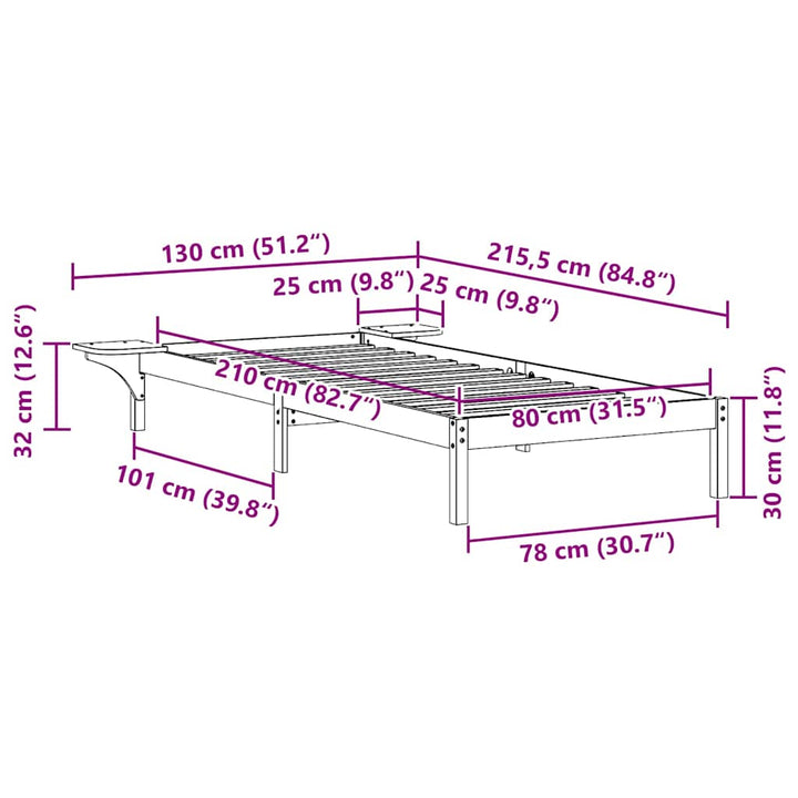 Sengestel med sideborde Hvid 80 x 210 cm Massiv fyrretræ