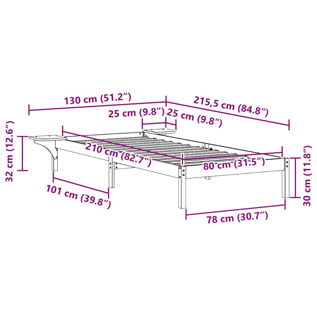 Sengestel med sideborde Voks brun 80 x 210 cm Massiv fyrretræ