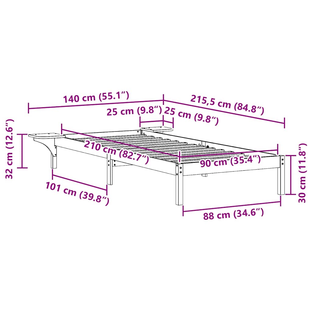 Sengestel med sideborde Voks brun 90 x 210 cm Massiv fyrretræ