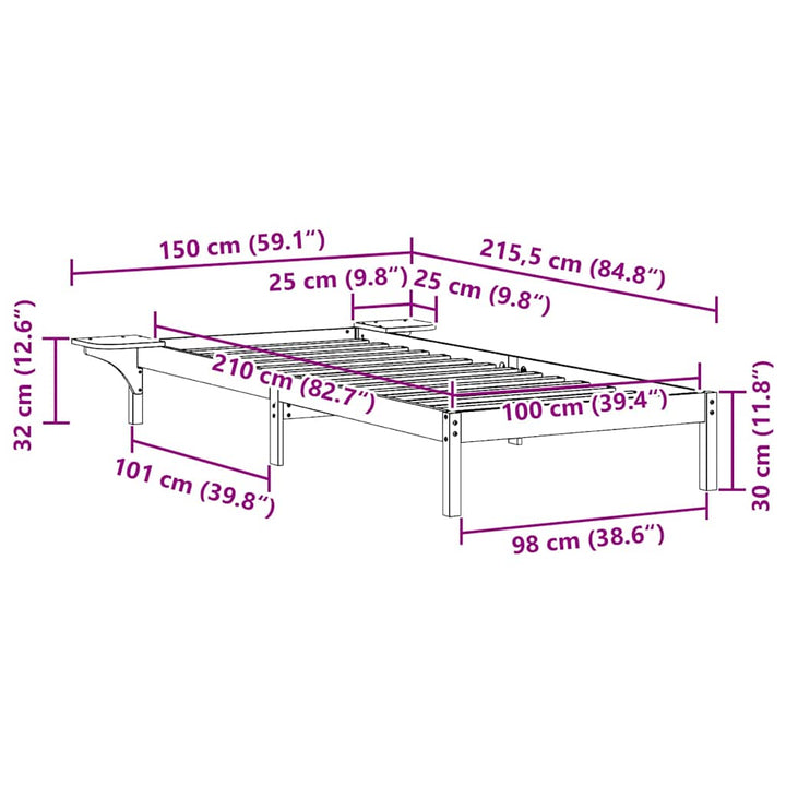 Sengestel med sideborde Voks brun 100 x 210 cm Massiv fyrretræ
